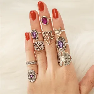 Purple Cubic Zirconia & Crystal Triangle Drop Ring Set