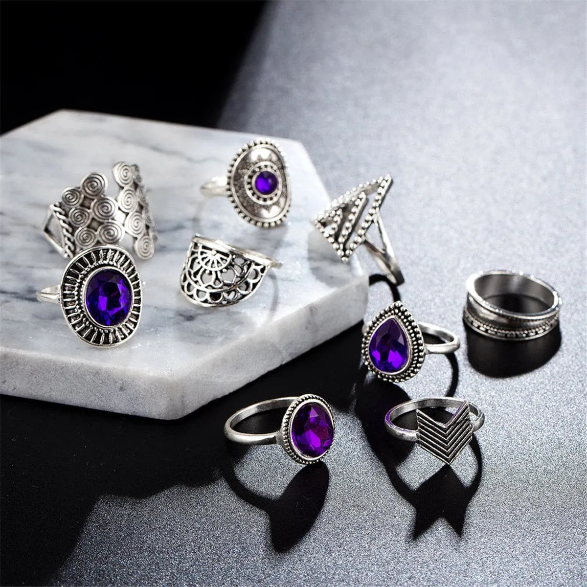 Purple Cubic Zirconia & Crystal Triangle Drop Ring Set