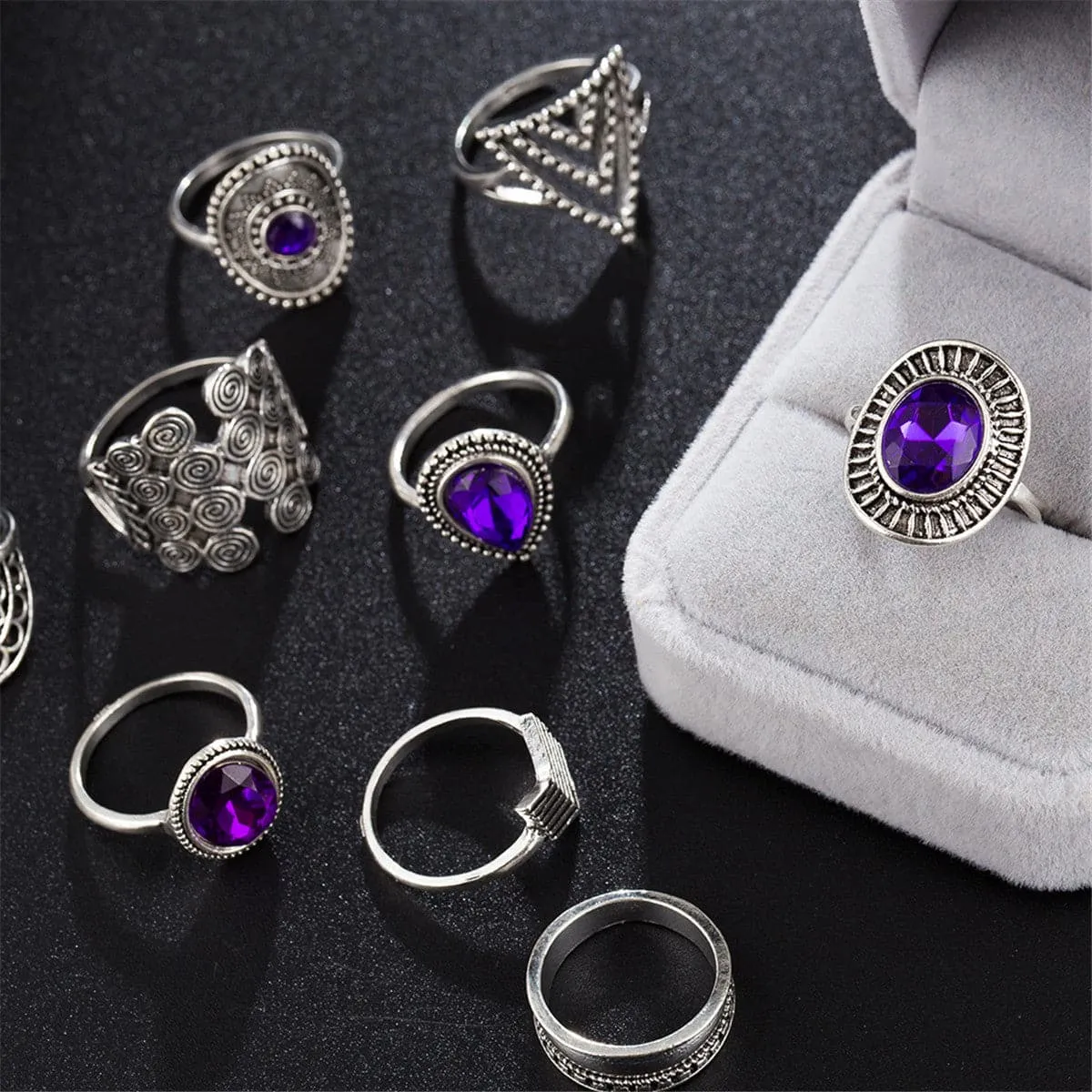 Purple Cubic Zirconia & Crystal Triangle Drop Ring Set