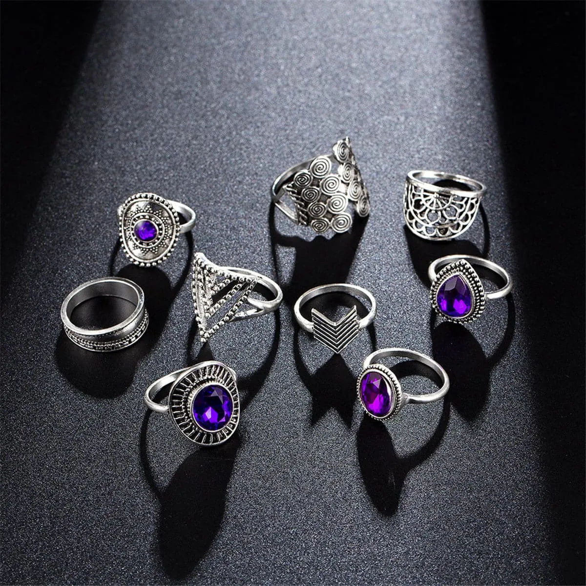 Purple Cubic Zirconia & Crystal Triangle Drop Ring Set