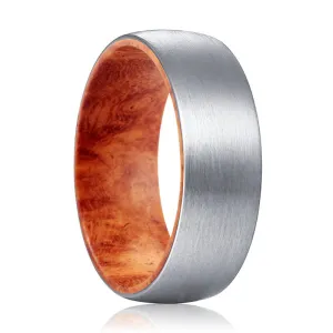 PYRO | Red Burl Wood, Silver Tungsten Ring, Brushed, Domed