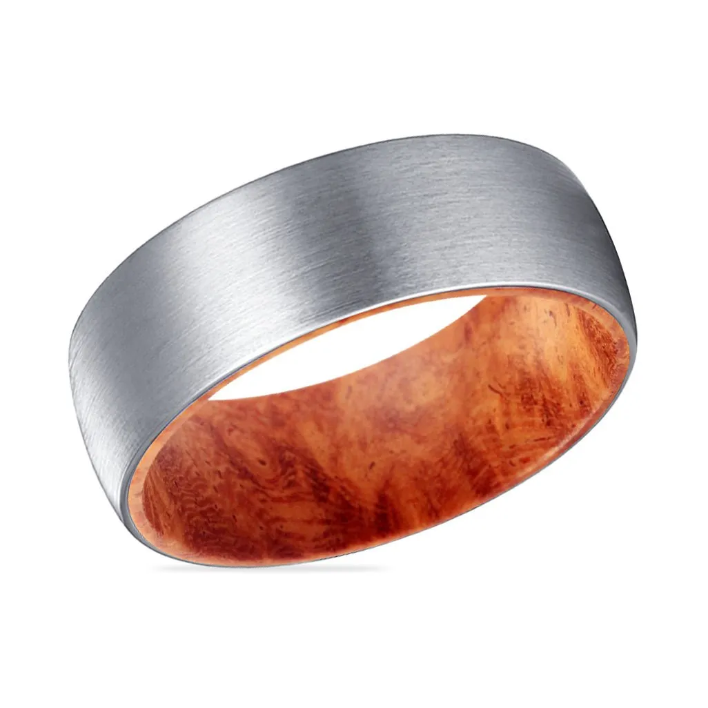 PYRO | Red Burl Wood, Silver Tungsten Ring, Brushed, Domed