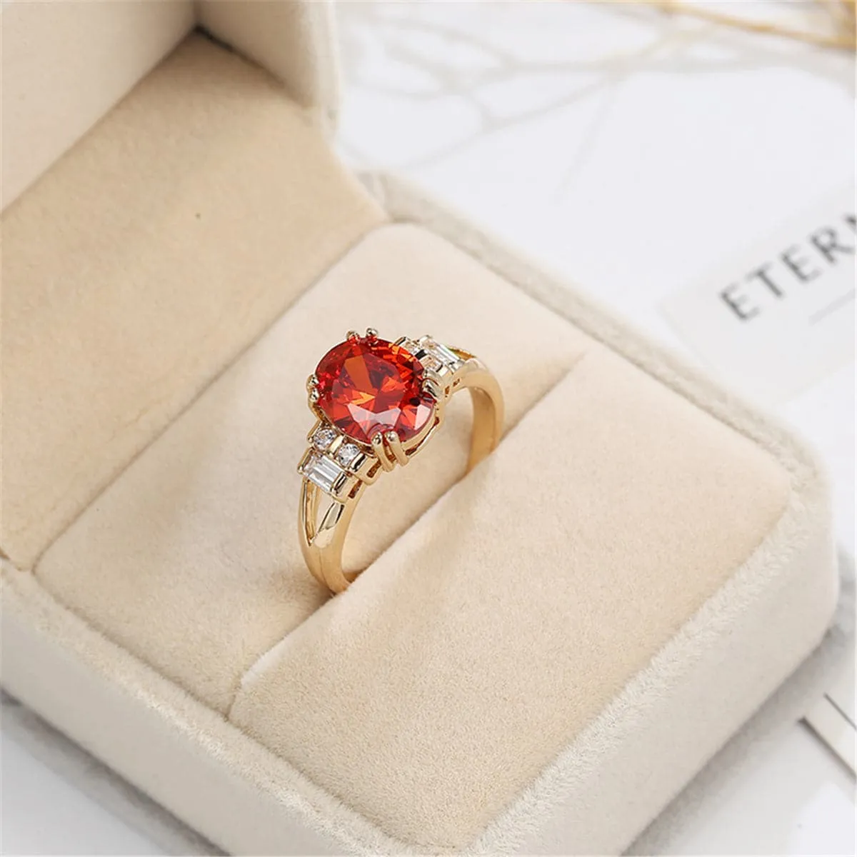 Red Crystal & Cubic Zirconia 18K Gold-Plated Baguette Oval Ring