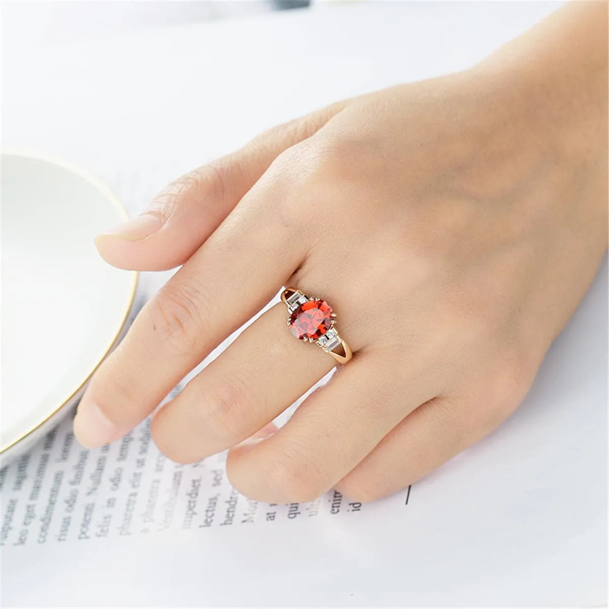 Red Crystal & Cubic Zirconia 18K Gold-Plated Baguette Oval Ring