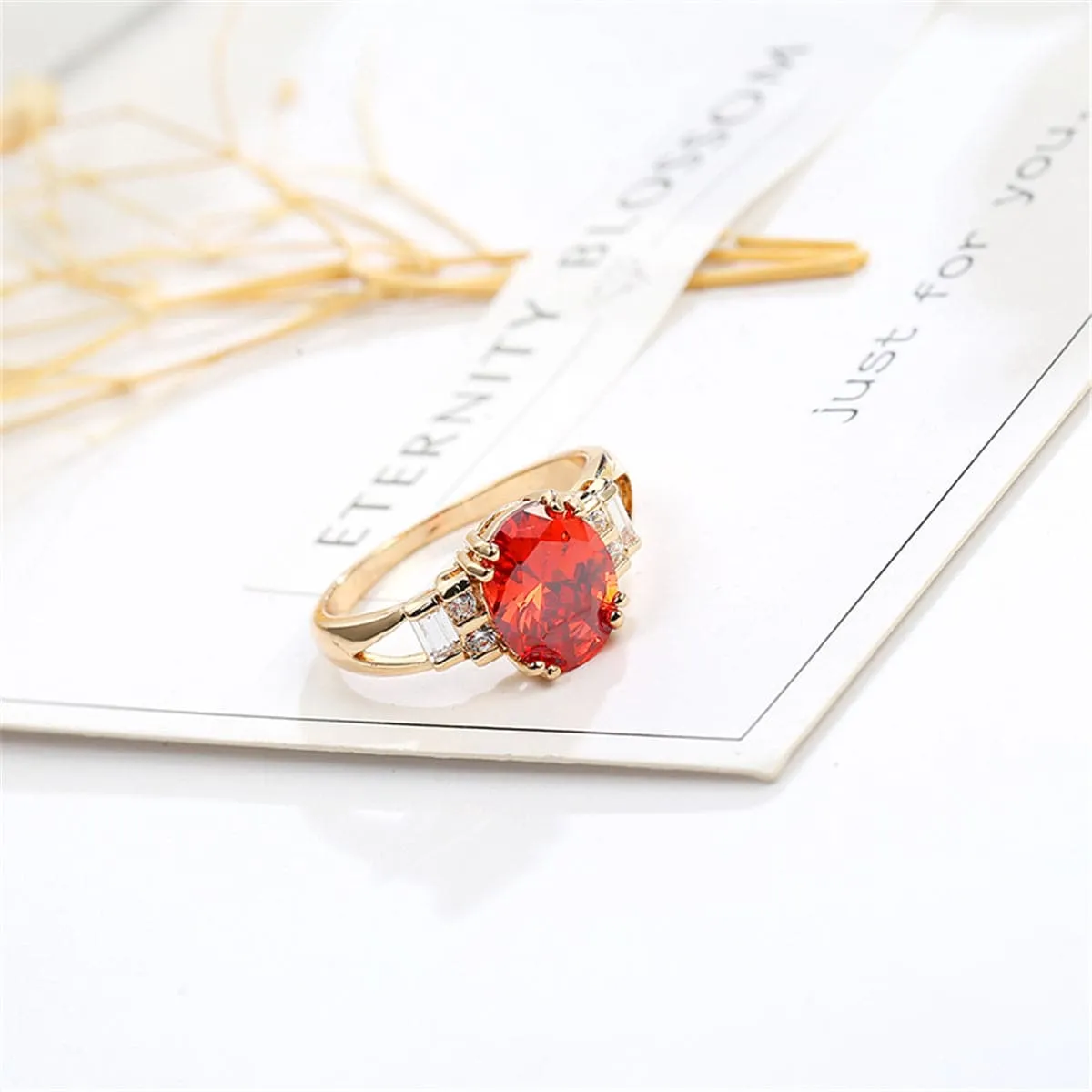 Red Crystal & Cubic Zirconia 18K Gold-Plated Baguette Oval Ring