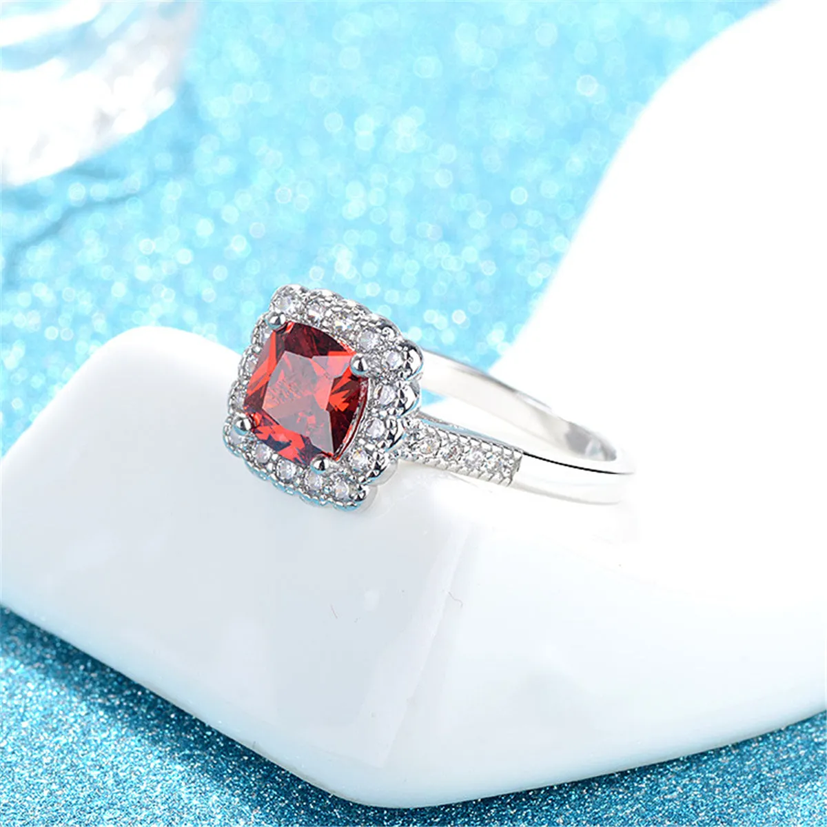 Red Crystal & Cubic Zirconia Cushion-Cut Ring