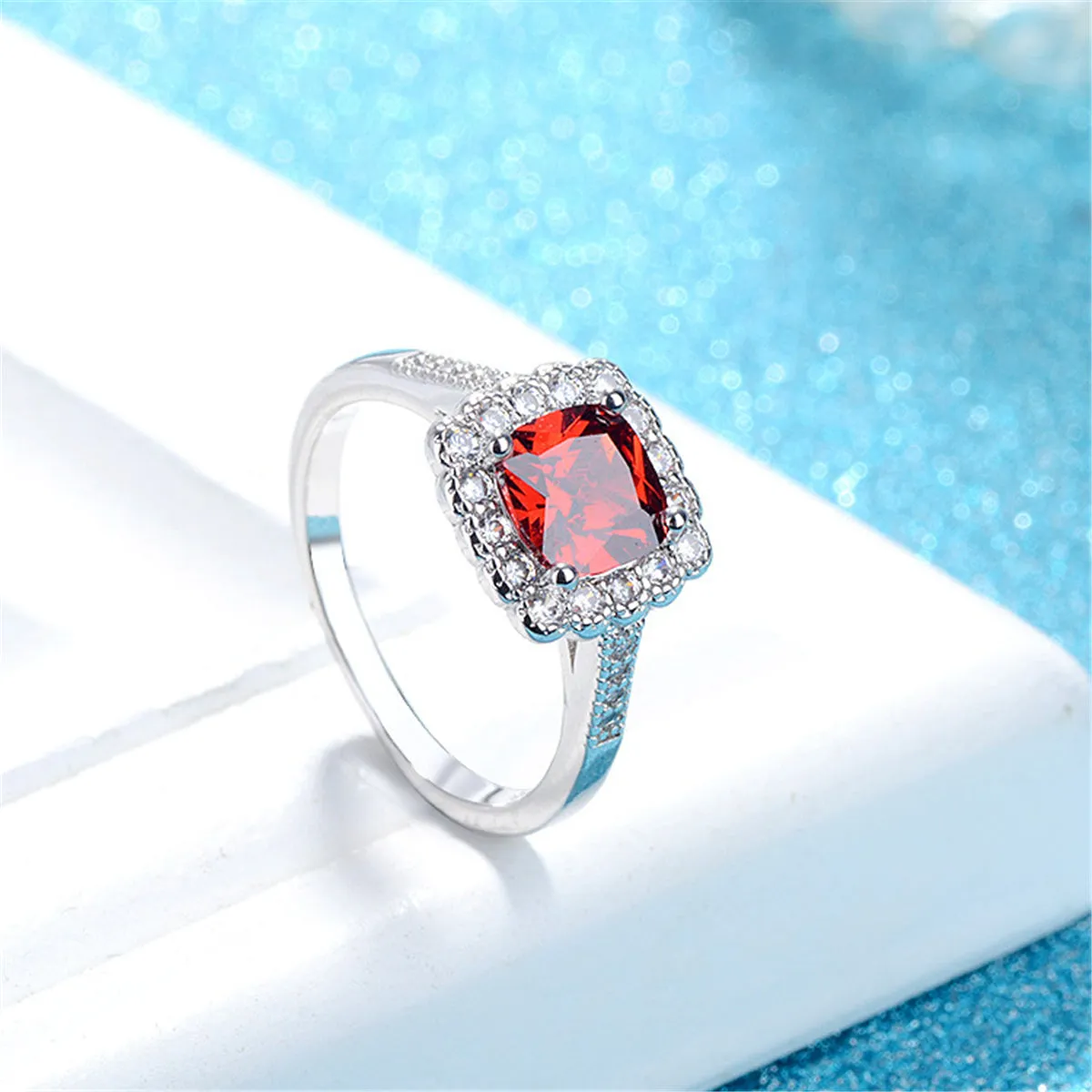 Red Crystal & Cubic Zirconia Cushion-Cut Ring