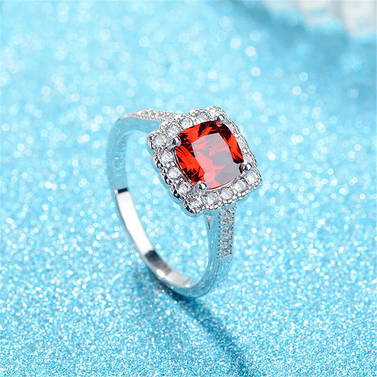 Red Crystal & Cubic Zirconia Cushion-Cut Ring
