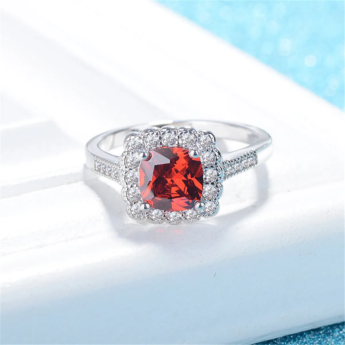 Red Crystal & Cubic Zirconia Cushion-Cut Ring