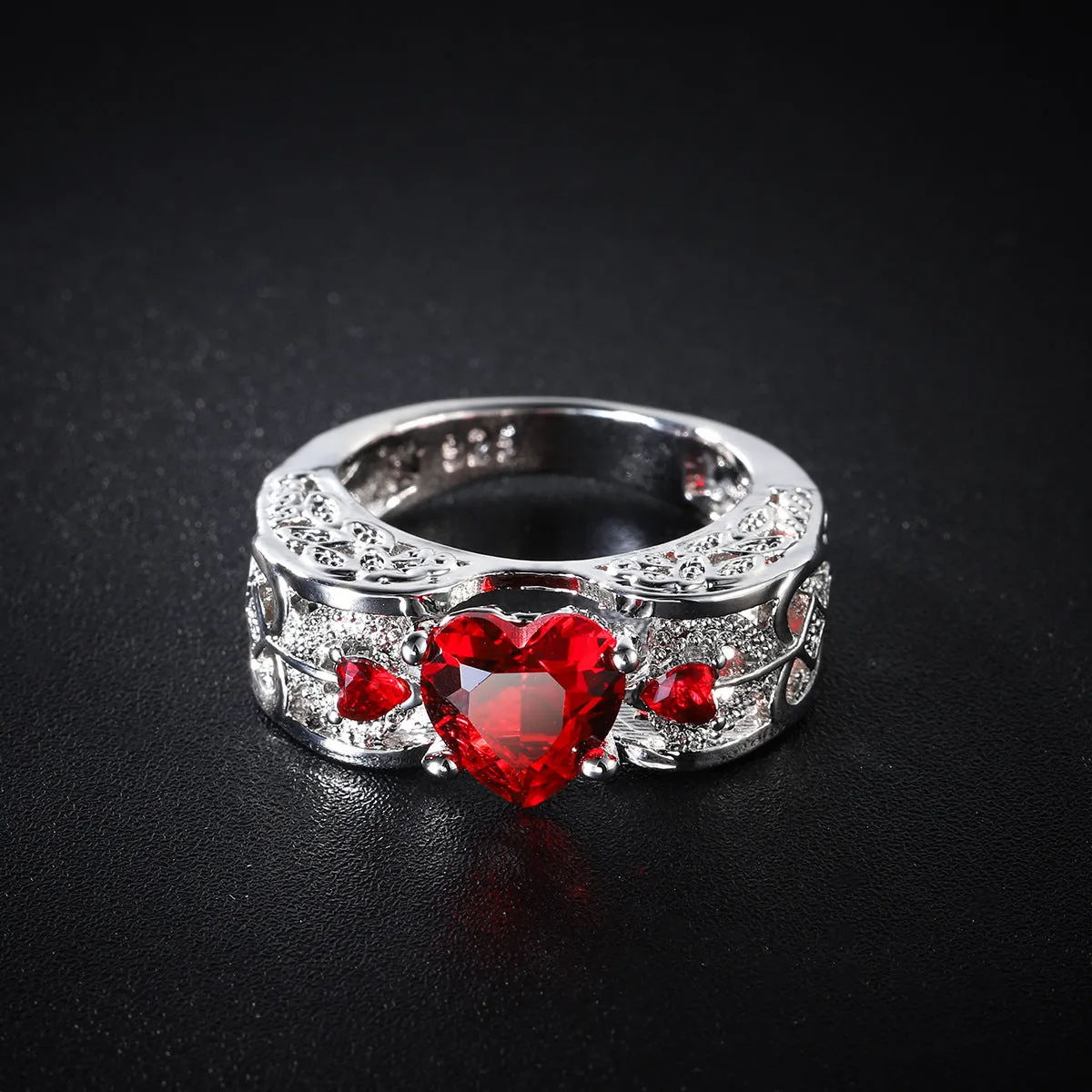 Red Crystal & Cubic Zirconia Floral Heart-Cut Band