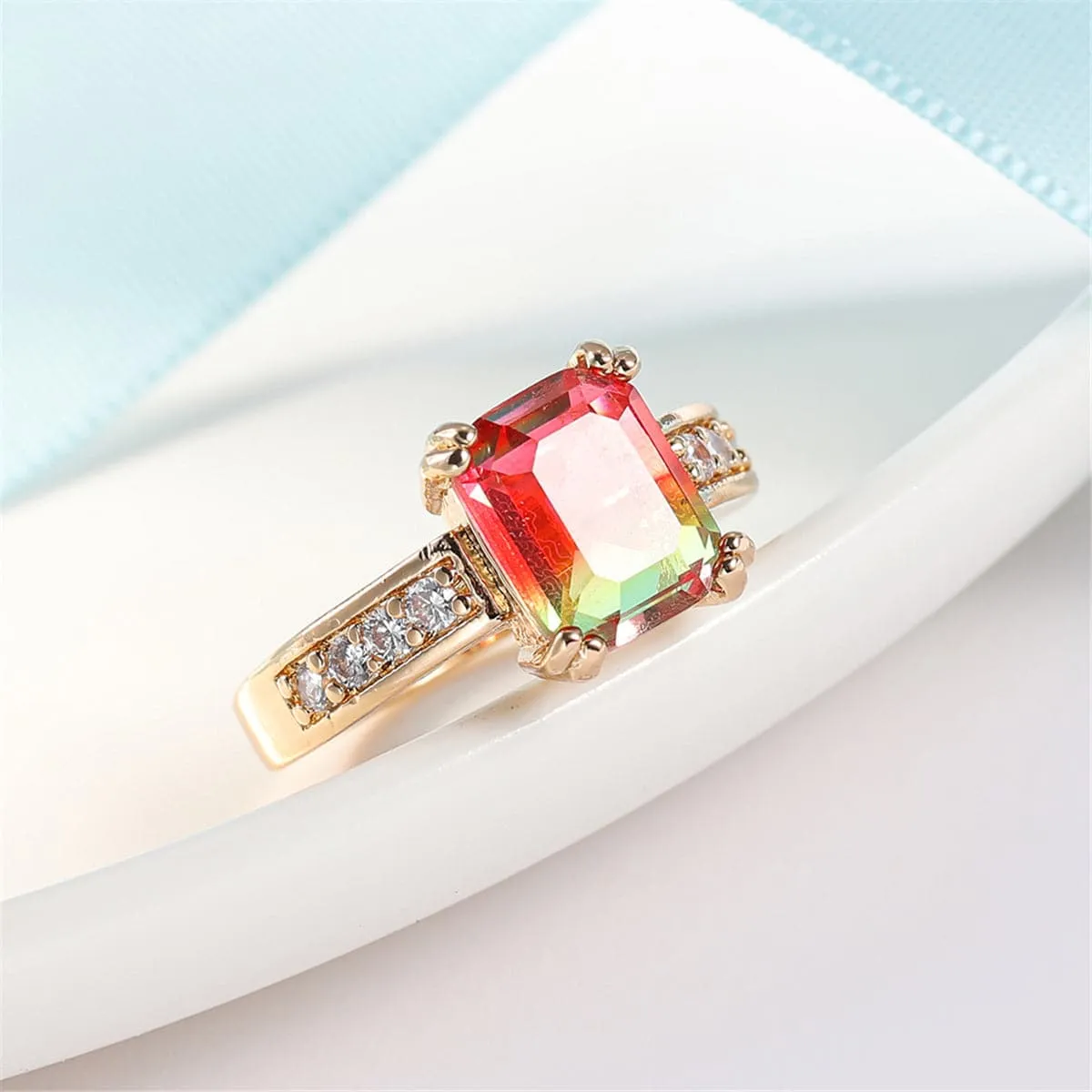 Red Crystal & Cubic Zirconia Rectangle Double-Prong Ring