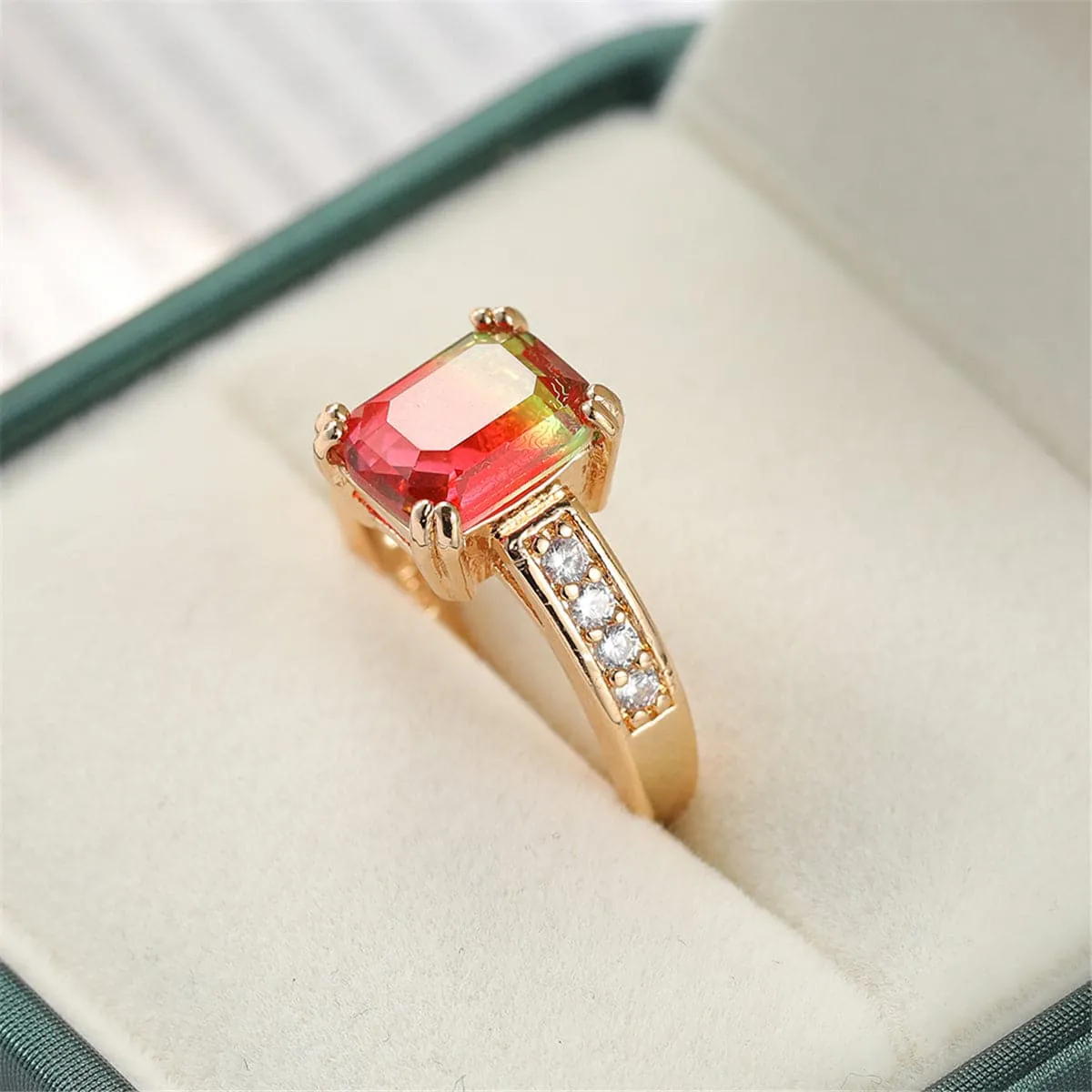 Red Crystal & Cubic Zirconia Rectangle Double-Prong Ring