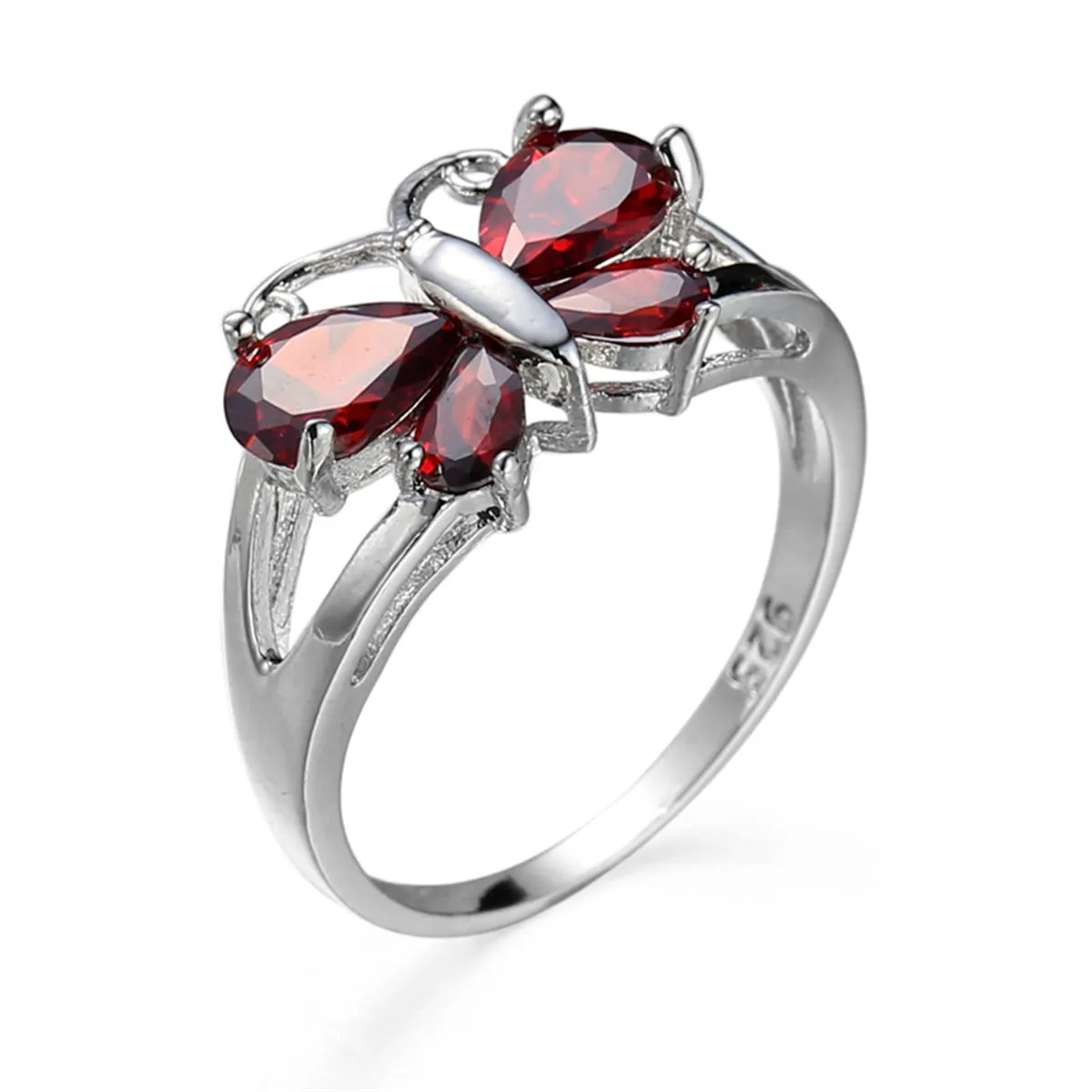 Red Crystal & Silver-Plated Butterfly Ring
