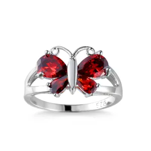 Red Crystal & Silver-Plated Butterfly Ring