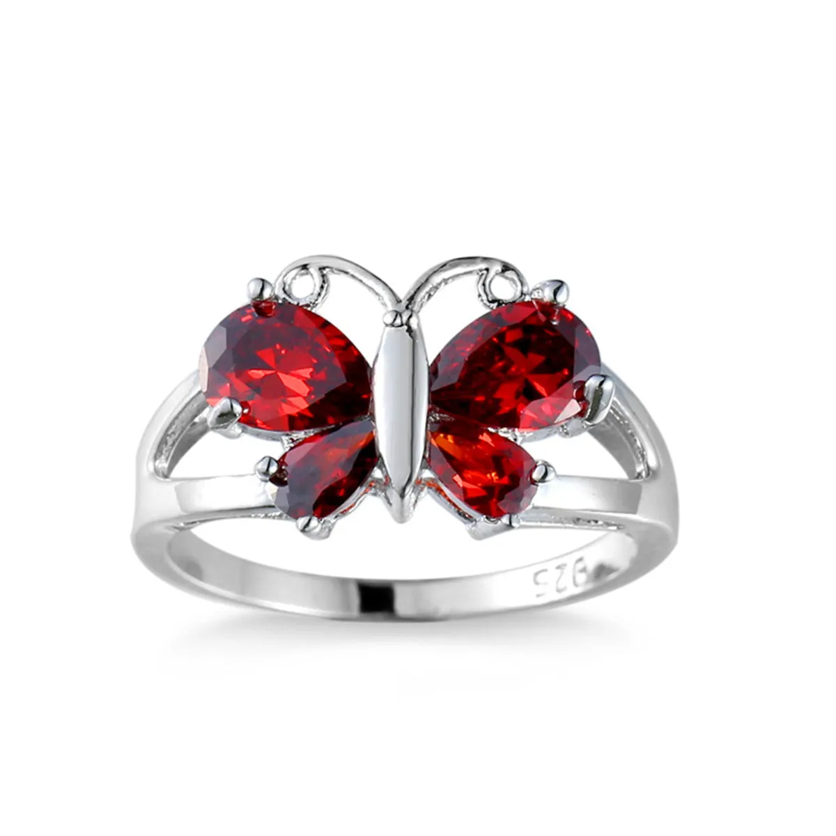 Red Crystal & Silver-Plated Butterfly Ring