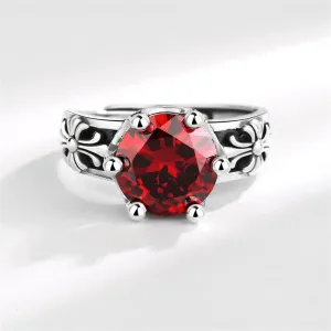 Red Crystal & Silver-Plated Floral Adjustable Ring