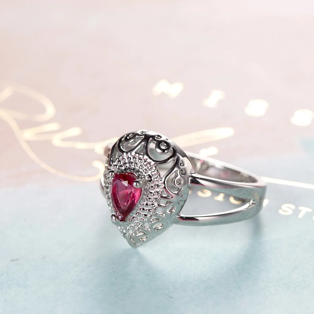 Red Crystal Pear-Cut Ring