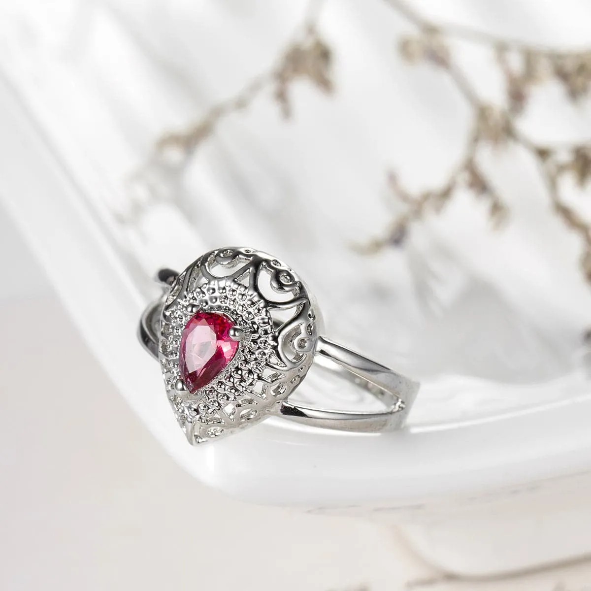 Red Crystal Pear-Cut Ring
