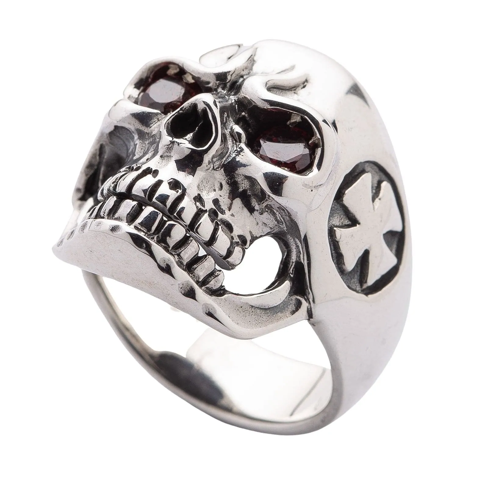 Red Eyes Cross Skull Sterling Silver Ring