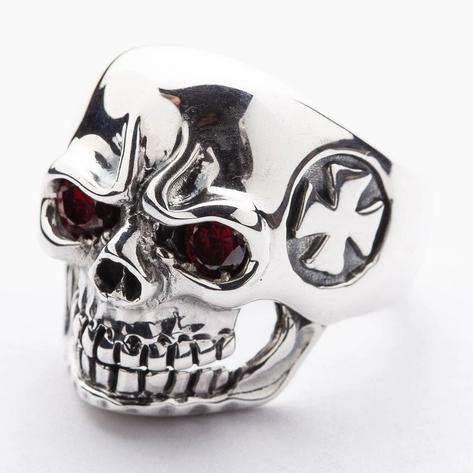 Red Eyes Cross Skull Sterling Silver Ring
