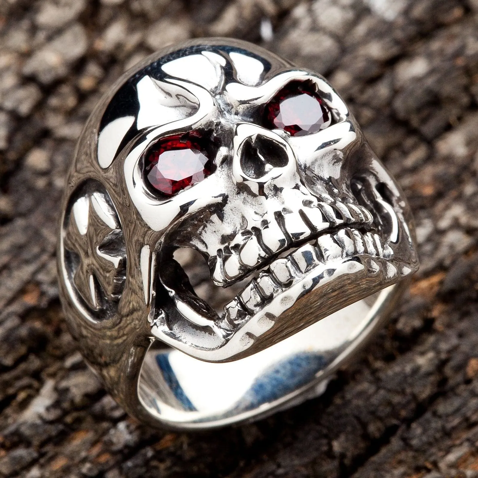 Red Eyes Cross Skull Sterling Silver Ring