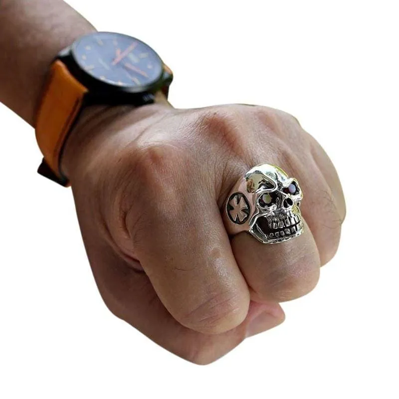 Red Eyes Cross Skull Sterling Silver Ring