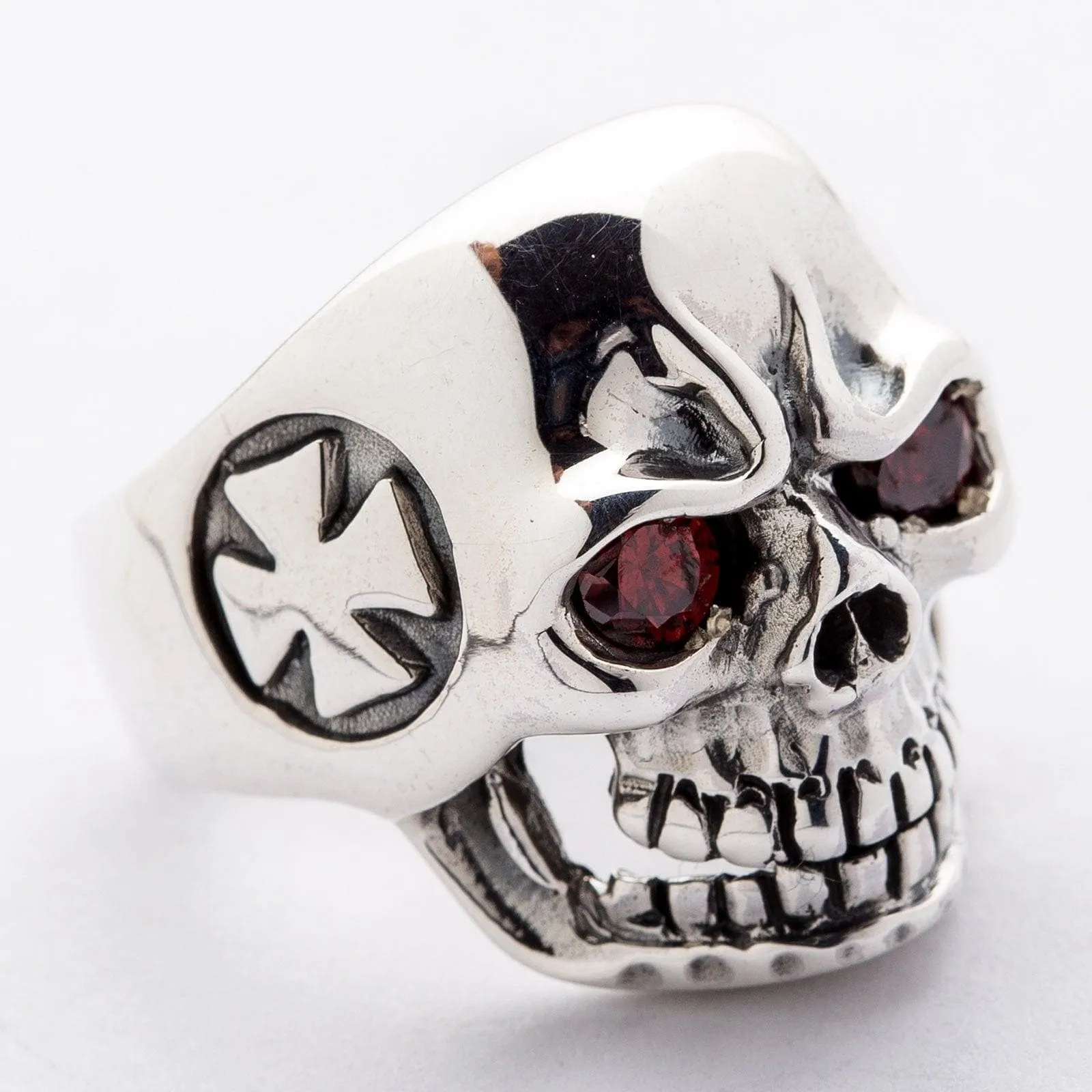 Red Eyes Cross Skull Sterling Silver Ring