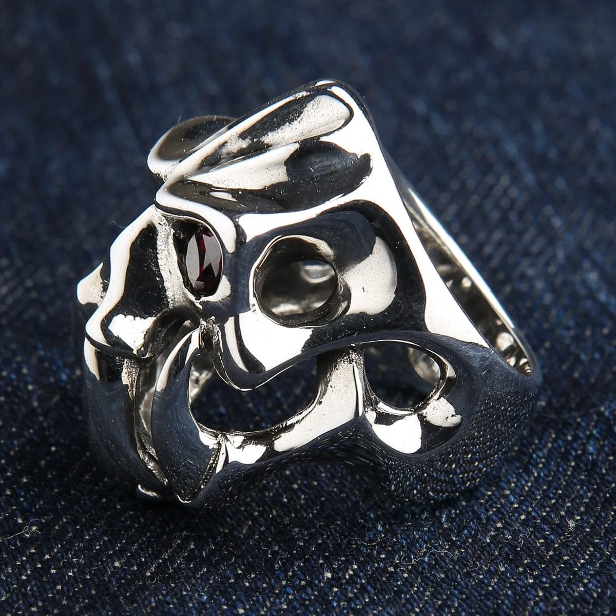 Red Eyes Fang Devil Skull Sterling Silver Biker Ring