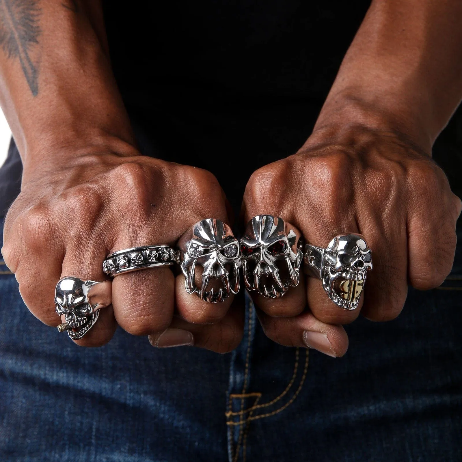 Red Eyes Fang Devil Skull Sterling Silver Biker Ring