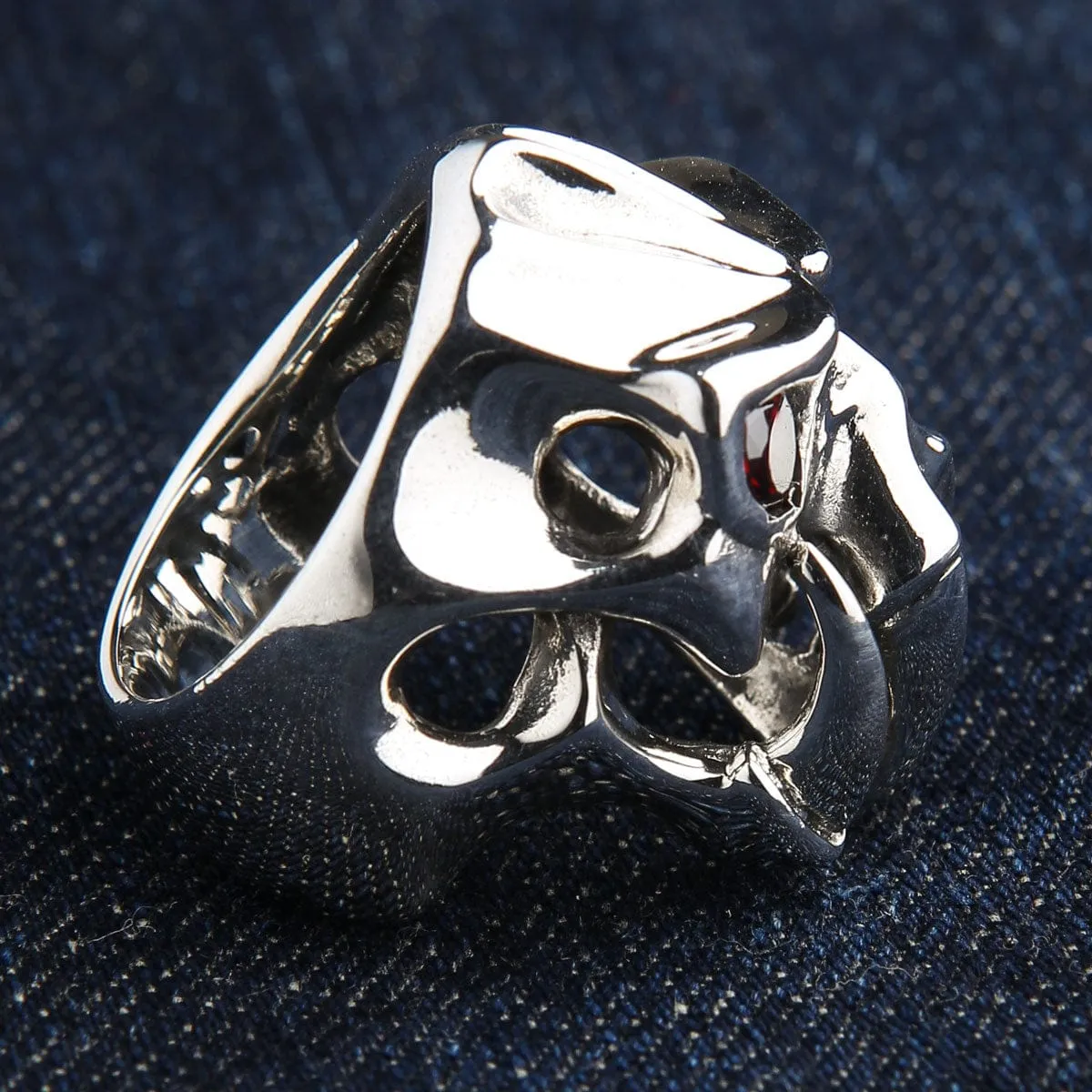 Red Eyes Fang Devil Skull Sterling Silver Biker Ring