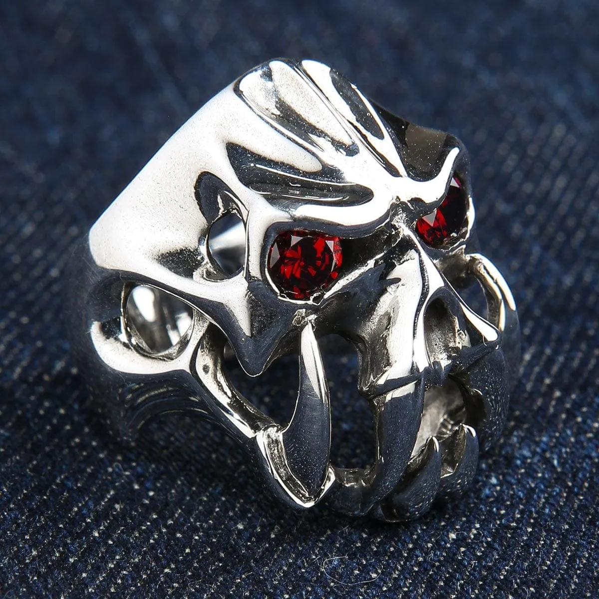 Red Eyes Fang Devil Skull Sterling Silver Biker Ring