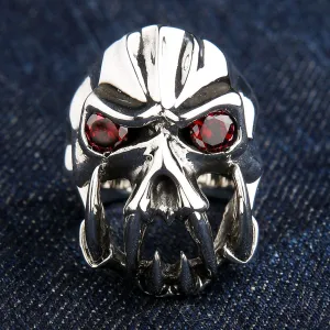 Red Eyes Fang Devil Skull Sterling Silver Biker Ring