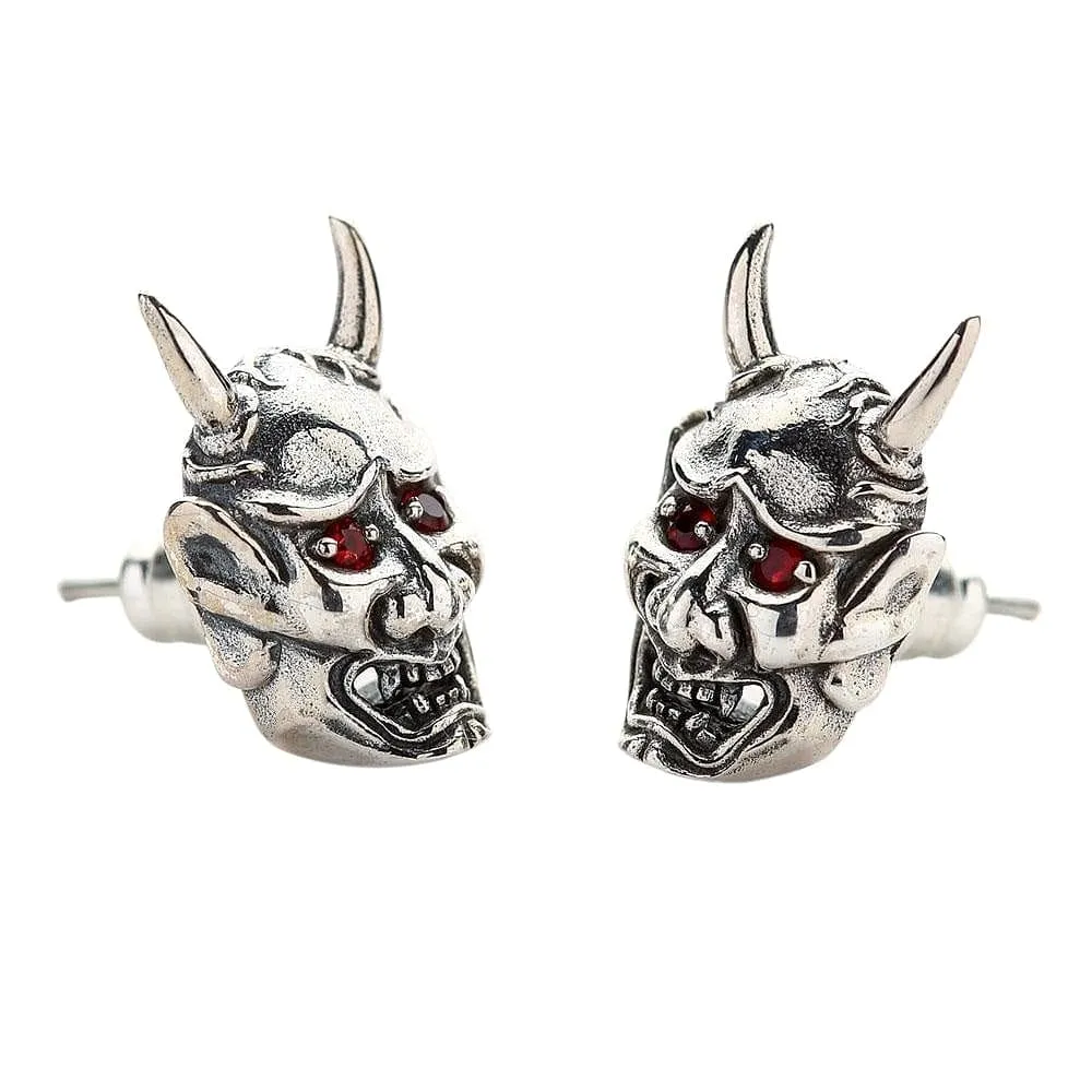 Red Eyes Japanese Oni Mask Devil Sterling Silver Skull Earrings