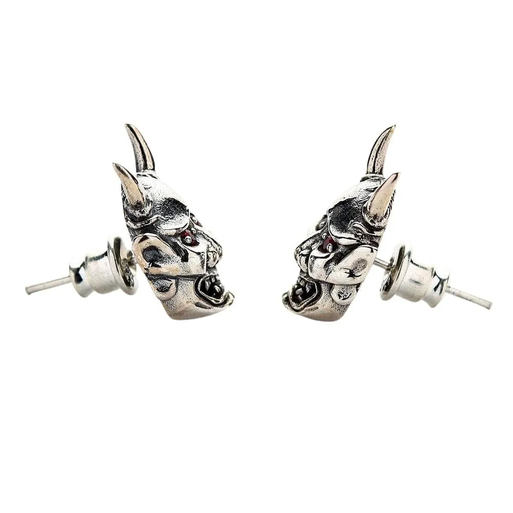 Red Eyes Japanese Oni Mask Devil Sterling Silver Skull Earrings