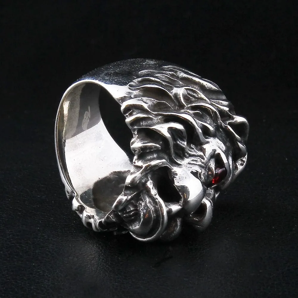Red Garnet Eyes Sterling Silver Lion Men's Ring