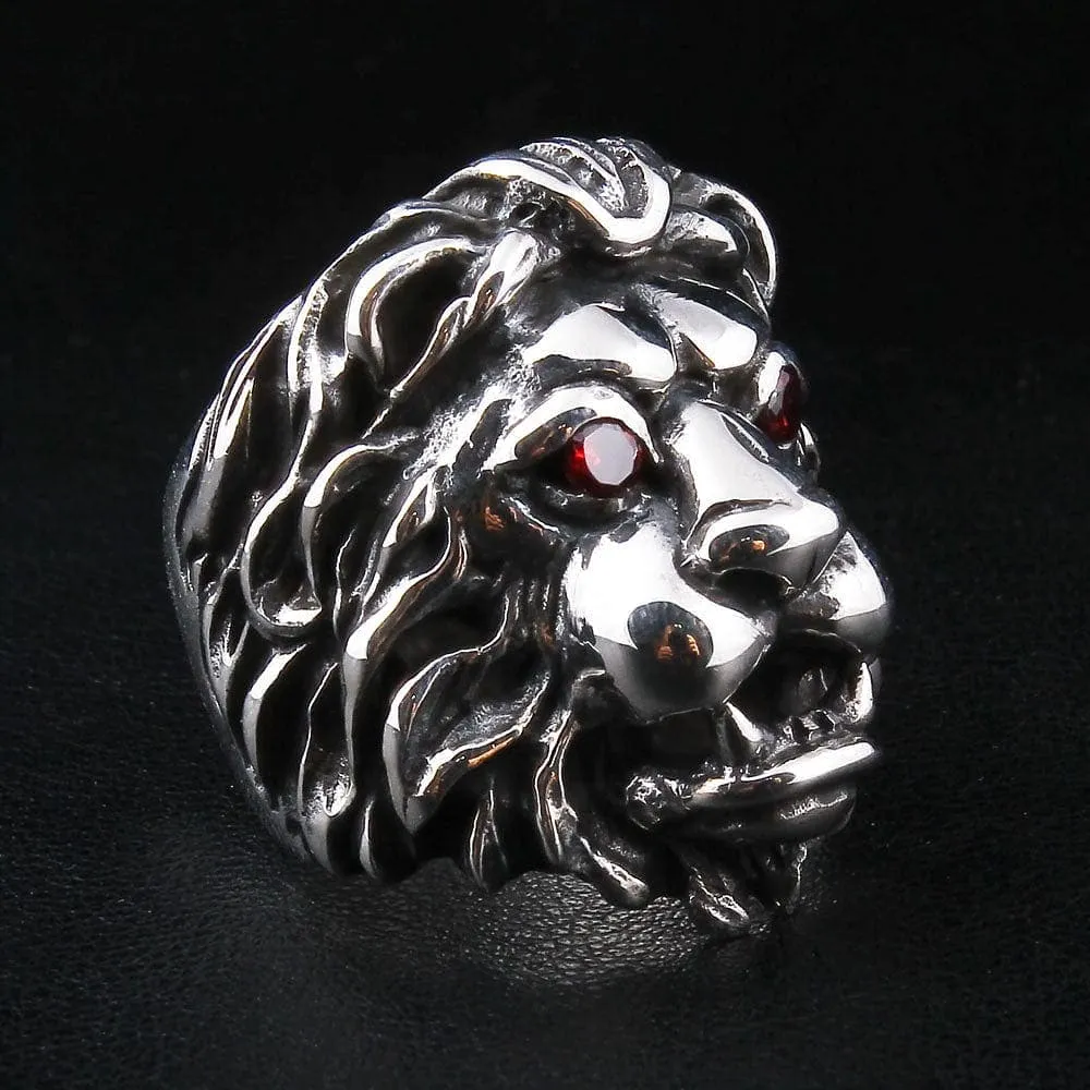 Red Garnet Eyes Sterling Silver Lion Men's Ring
