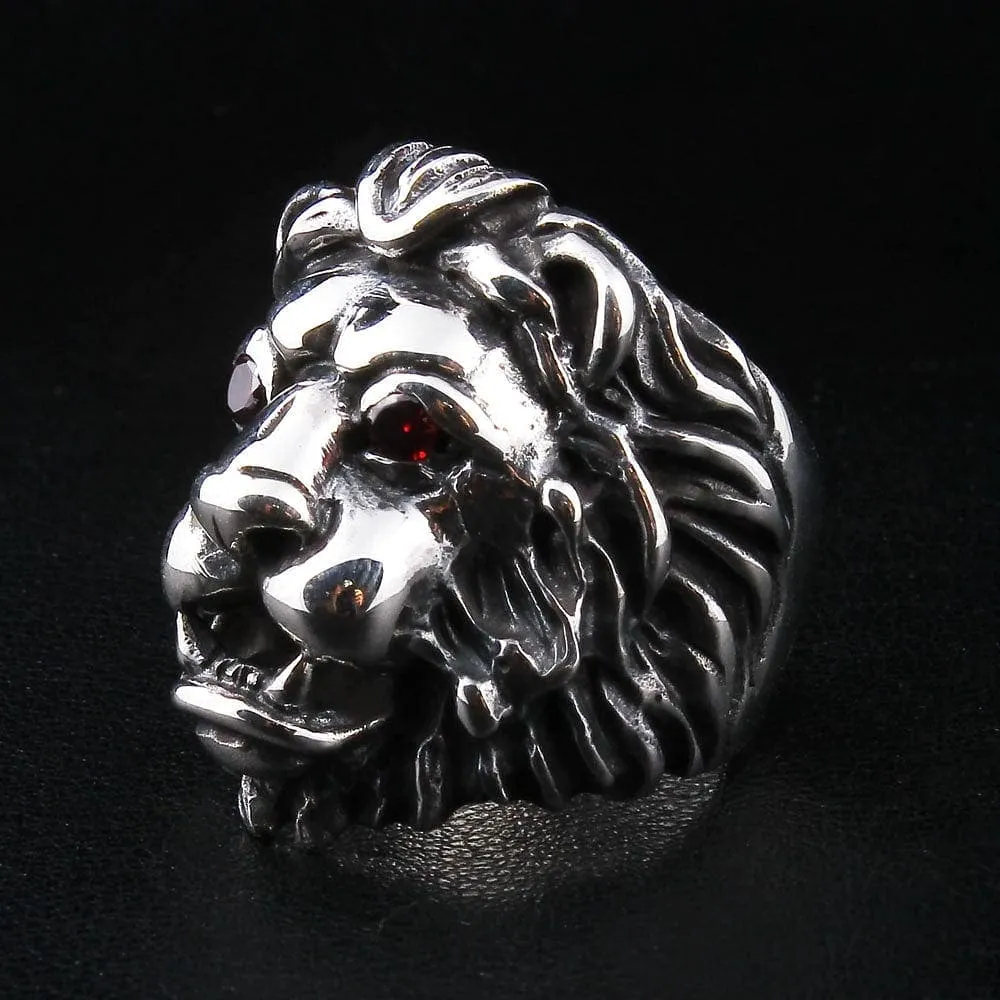 Red Garnet Eyes Sterling Silver Lion Men's Ring