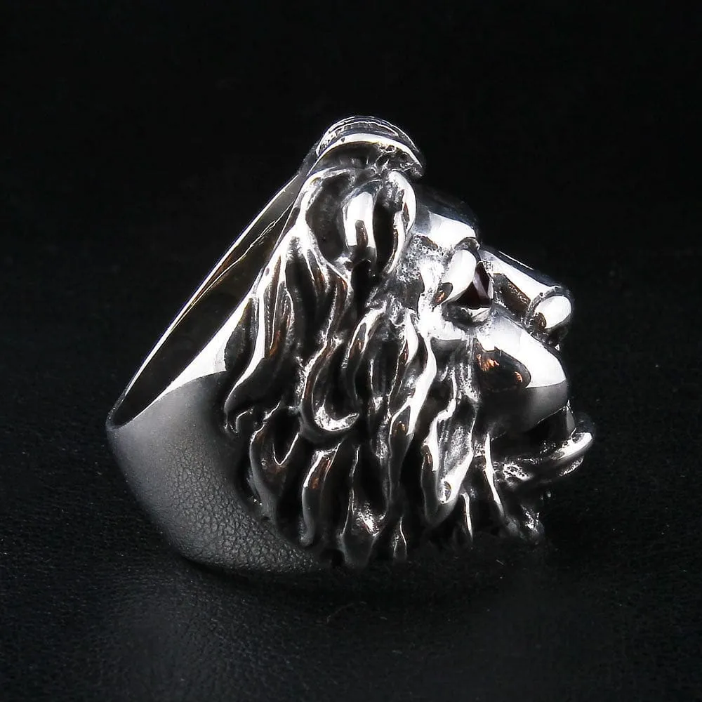 Red Garnet Eyes Sterling Silver Lion Men's Ring