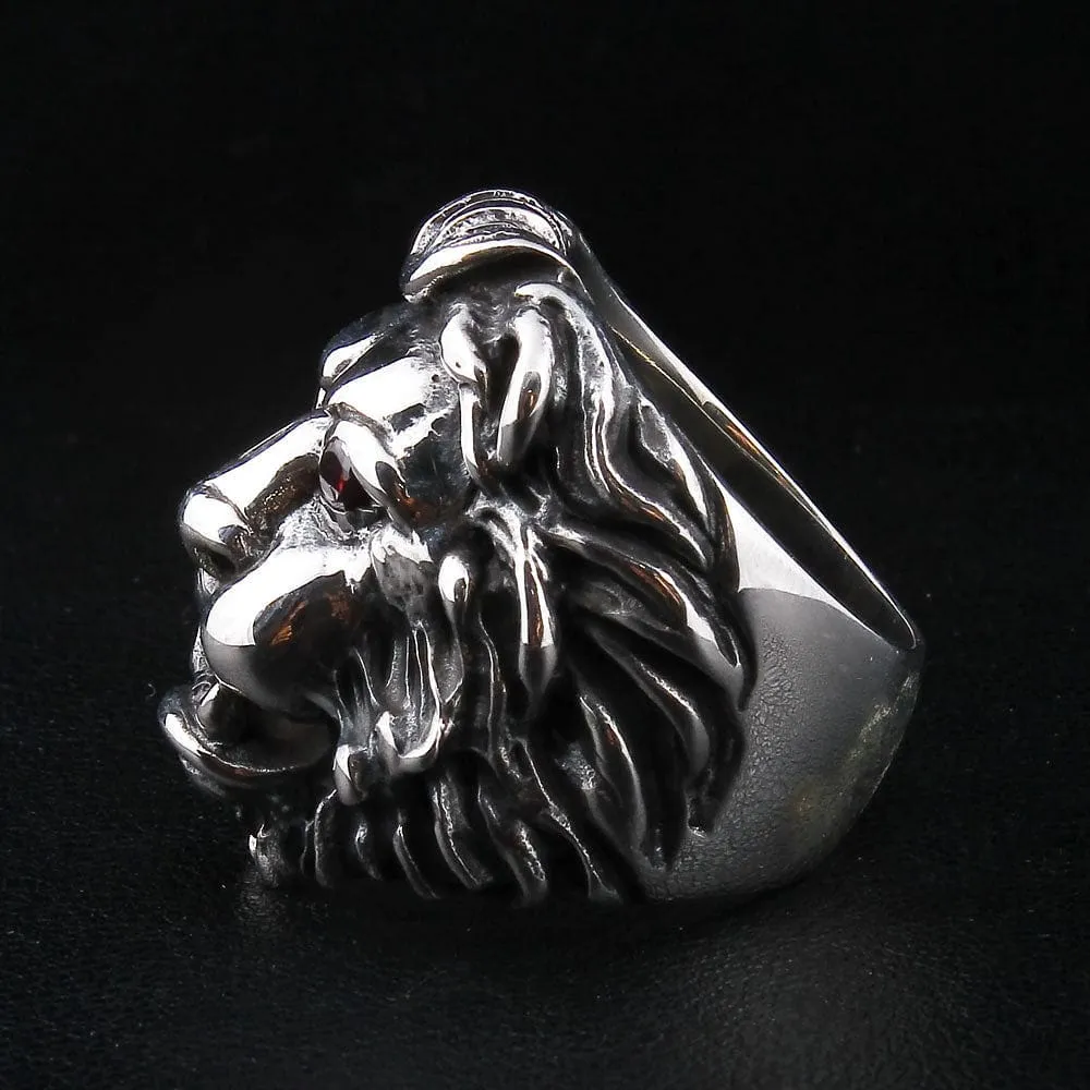 Red Garnet Eyes Sterling Silver Lion Men's Ring