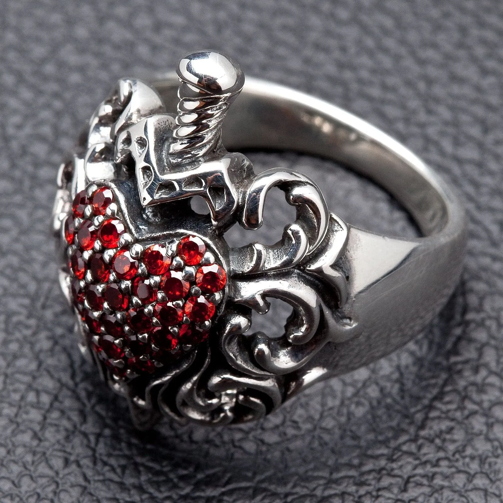 Red Garnet Heart Dagger Sterling Silver Gothic Ring