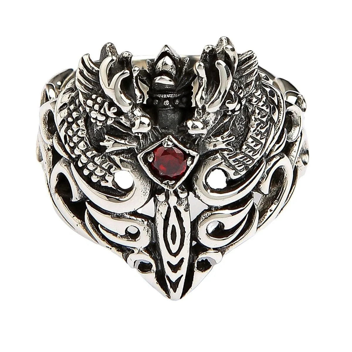 Red Garnet Medieval Sterling Silver Dragon Ring