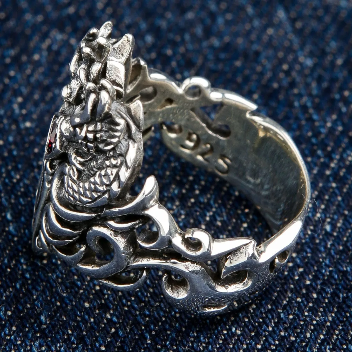 Red Garnet Medieval Sterling Silver Dragon Ring
