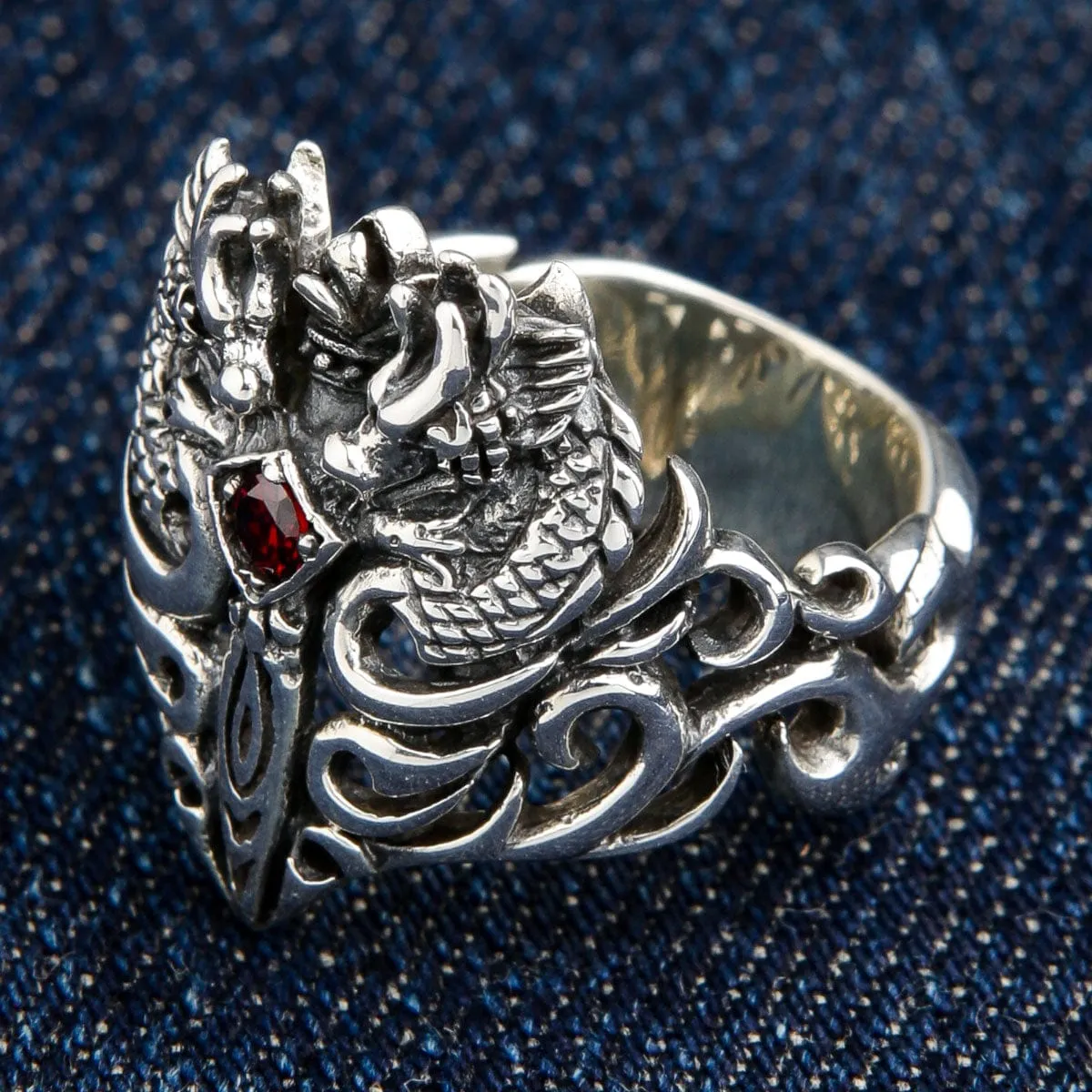 Red Garnet Medieval Sterling Silver Dragon Ring