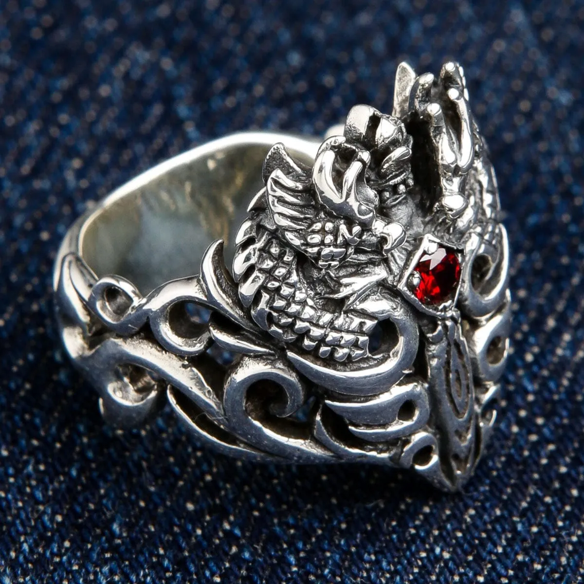 Red Garnet Medieval Sterling Silver Dragon Ring