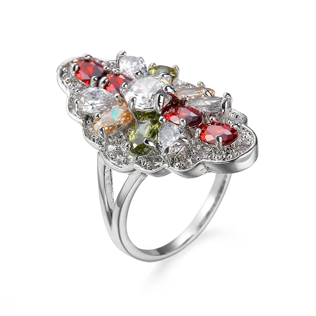 Red Multicolor Crystal & Silver-Plated Pear-Cut Pavé Statement Ring