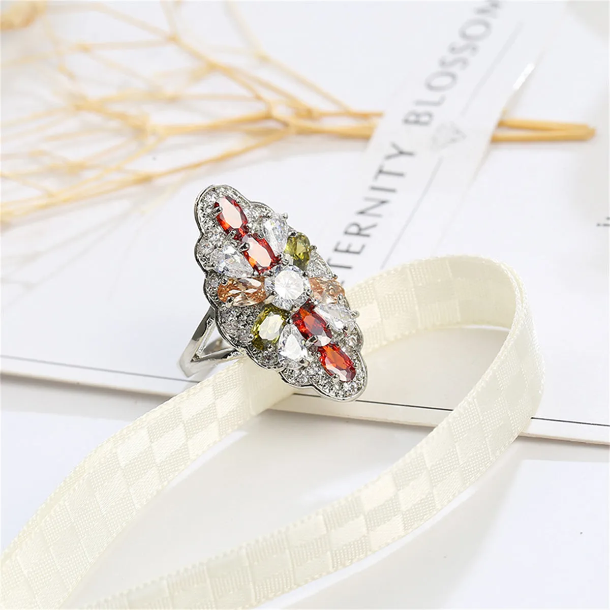 Red Multicolor Crystal & Silver-Plated Pear-Cut Pavé Statement Ring