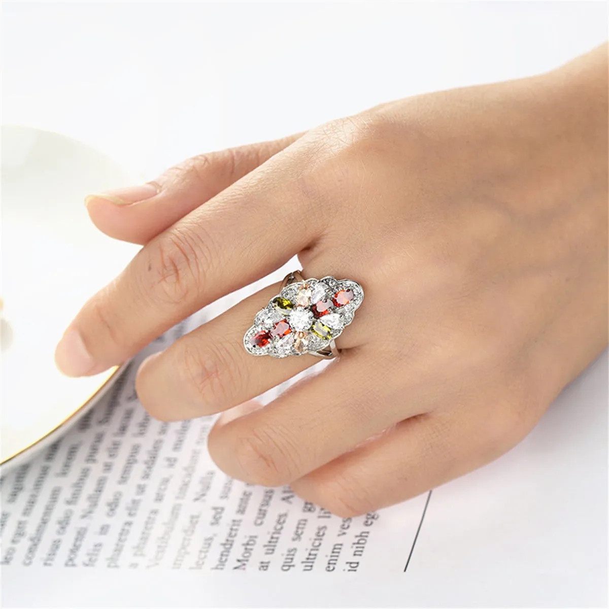 Red Multicolor Crystal & Silver-Plated Pear-Cut Pavé Statement Ring