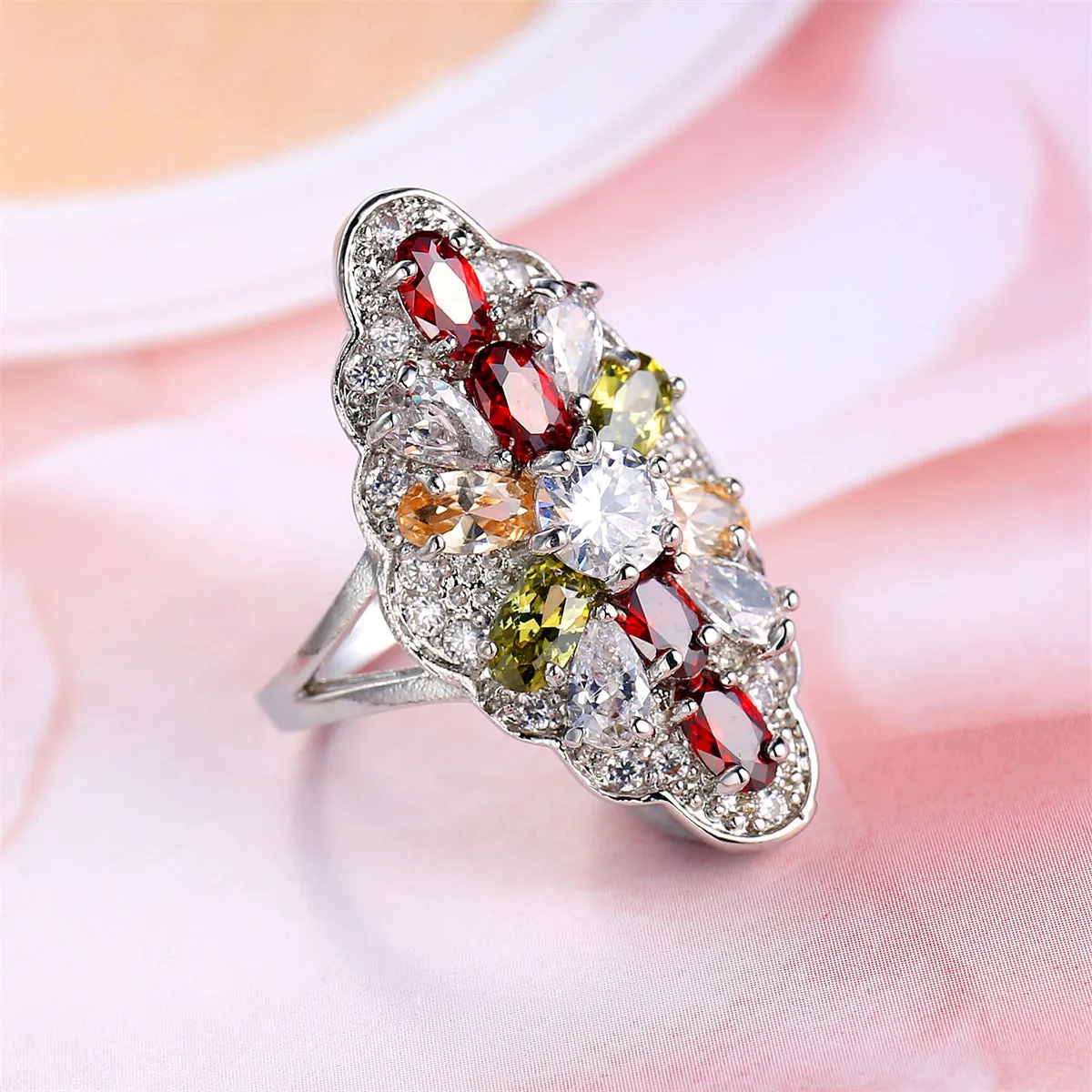 Red Multicolor Crystal & Silver-Plated Pear-Cut Pavé Statement Ring