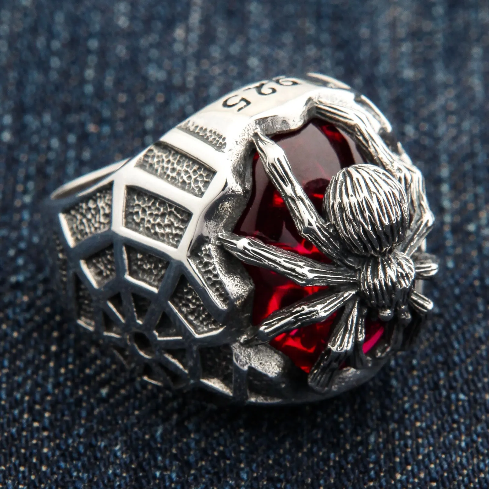 Red Stone Spider Web Sterling Silver Gothic Ring