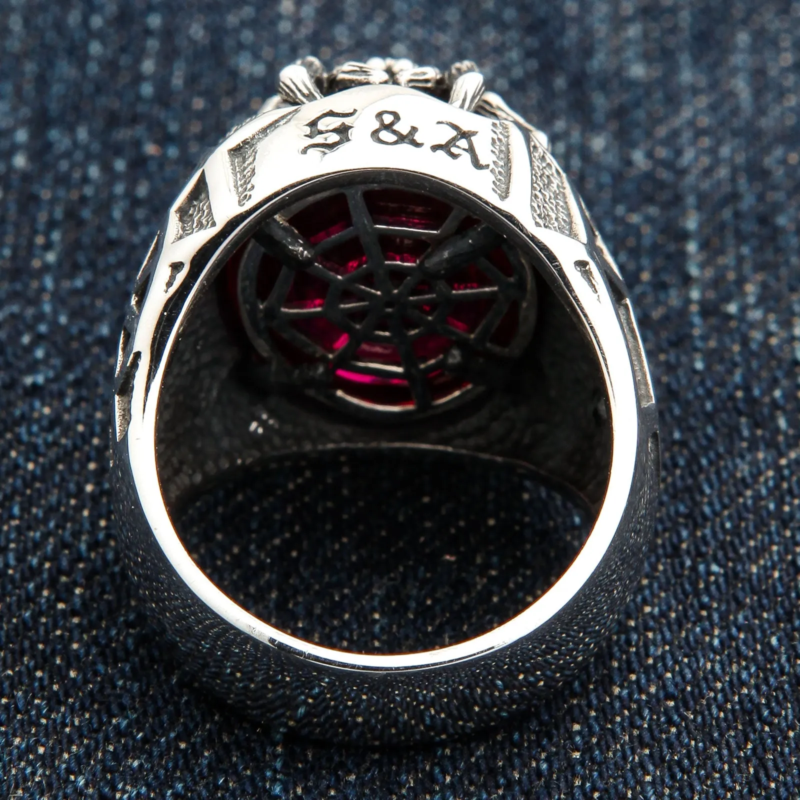 Red Stone Spider Web Sterling Silver Gothic Ring
